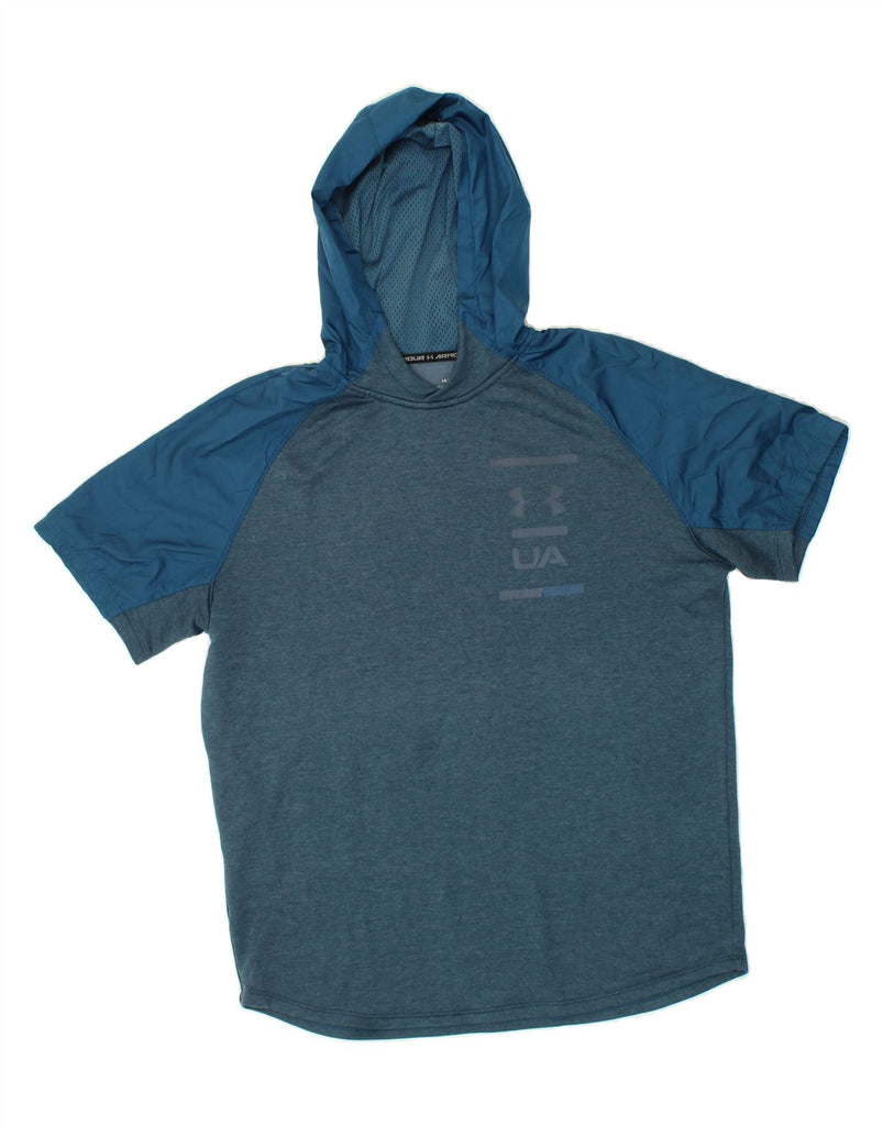UNDER ARMOUR Mens Hooded Graphic T-Shirt Top Large Blue Polyester | Vintage Under Armour | Thrift | Second-Hand Under Armour | Used Clothing | Messina Hembry 