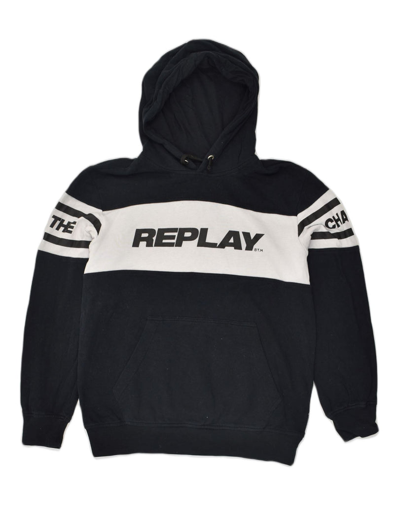 REPLAY Boys Graphic Hoodie Jumper 15-16 Years Navy Blue Cotton | Vintage Replay | Thrift | Second-Hand Replay | Used Clothing | Messina Hembry 