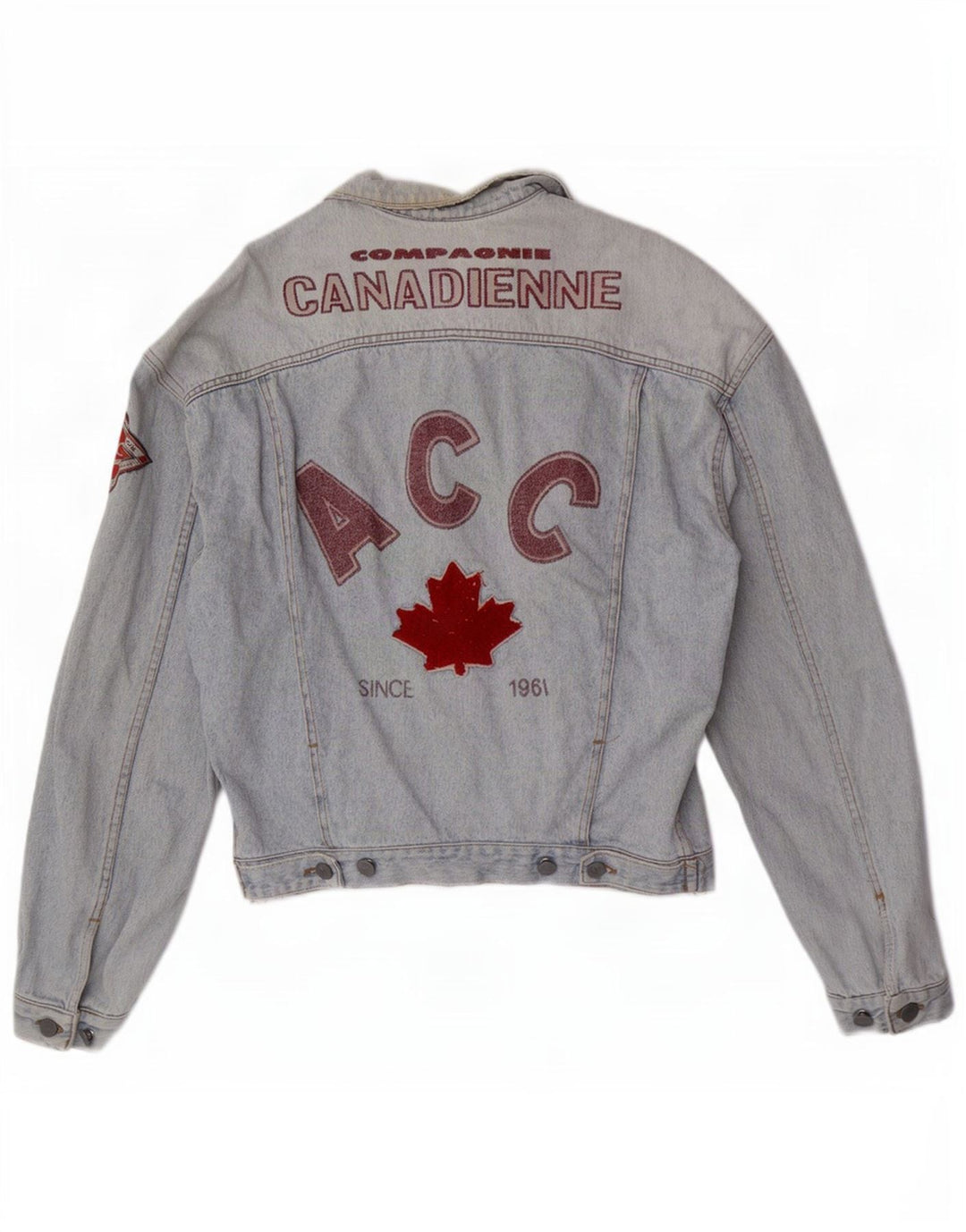 Compagnie Canadienne Mens Graphic Denim Jacket UK 38 Medium Blue