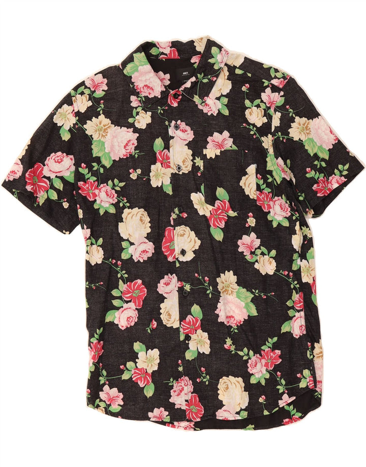 VINTAGE Mens Short Sleeve Shirt Small Black Floral Cotton Vintage Vintage and Second-Hand Vintage from Messina Hembry 