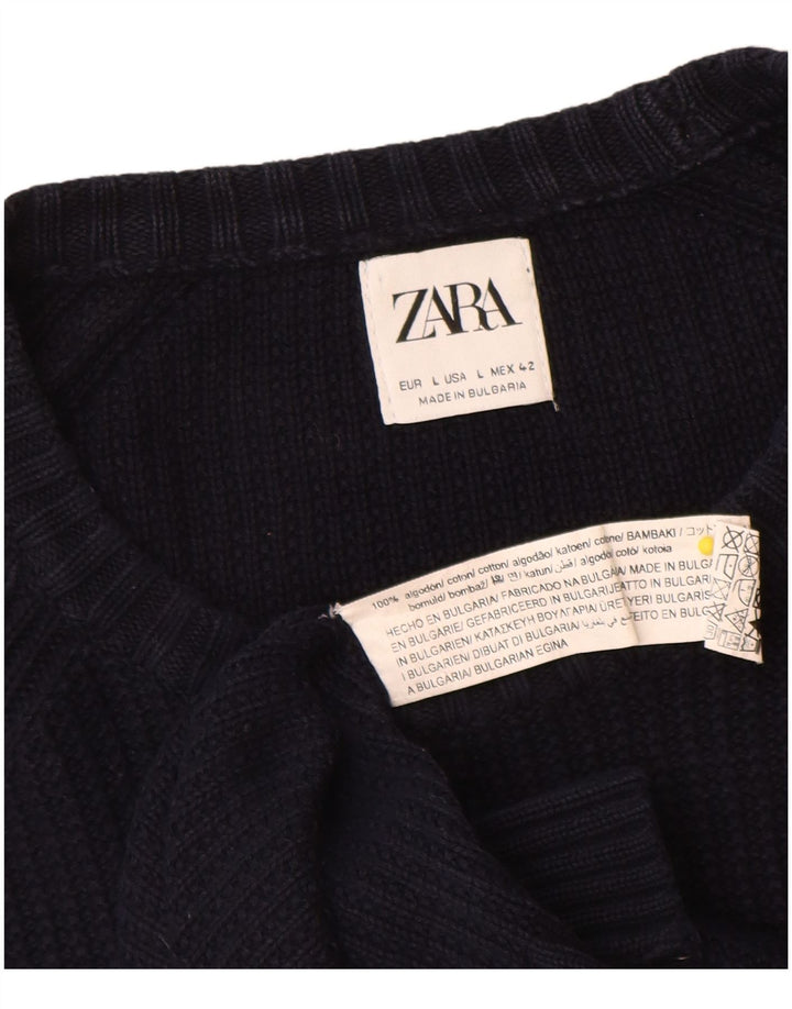 Zara Mens Crew Neck Jumper Sweater Large Navy Blue Cotton