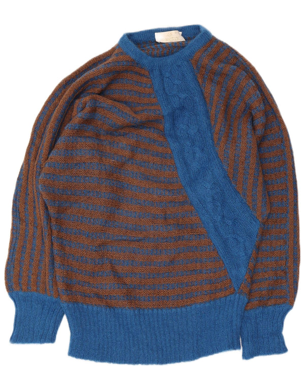 Vintage Womens Crew Neck Jumper Sweater UK 16 Large Blue Striped Mohair