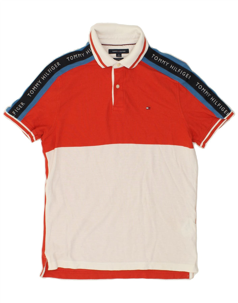 TOMMY HILFIGER Mens Graphic Custom Fit Polo Shirt Medium Red Colourblock | Vintage Tommy Hilfiger | Thrift | Second-Hand Tommy Hilfiger | Used Clothing | Messina Hembry 