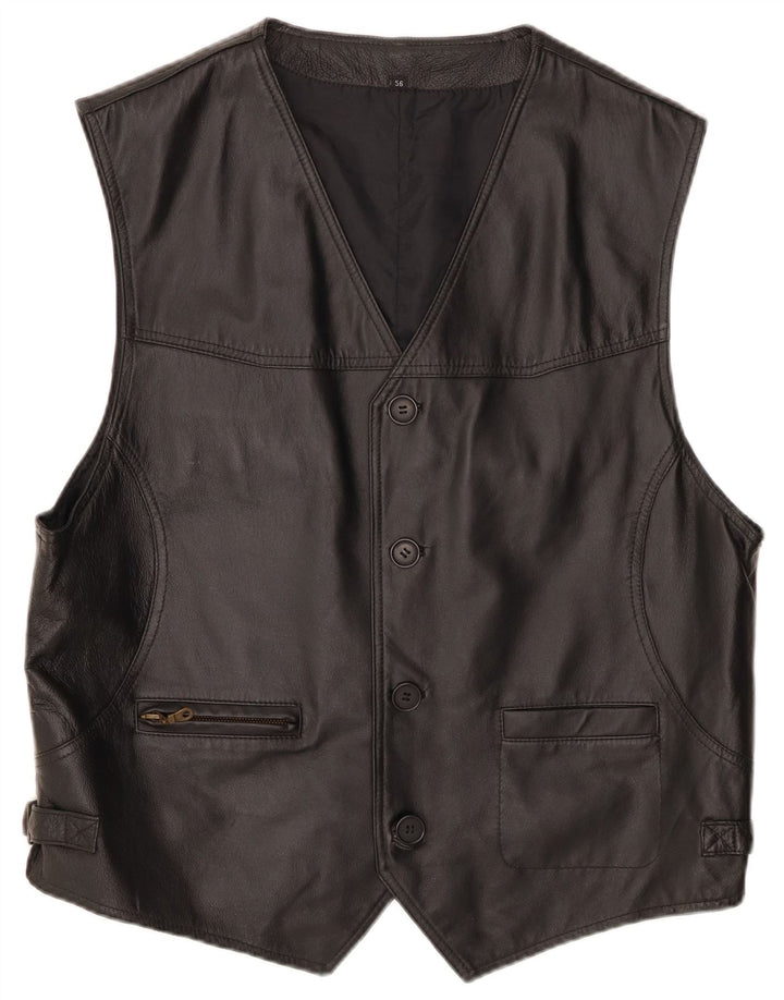 VINTAGE Mens Leather Waistcoat Medium Black Leather