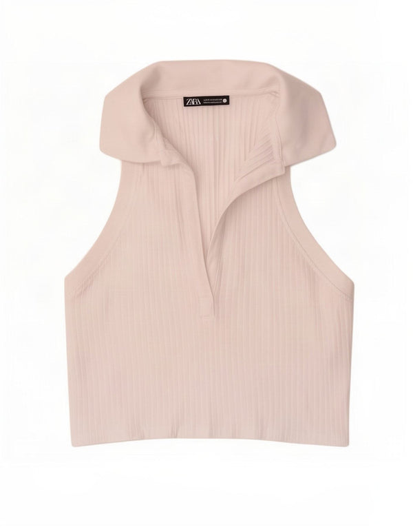 Zara Womens Crop Sleeveless Polo Shirt UK 12 Medium White Cotton