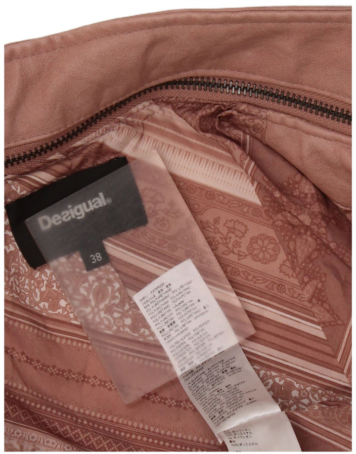 Desigual Womens Faux Leather Biker Jacket EU 38 Medium Pink Floral