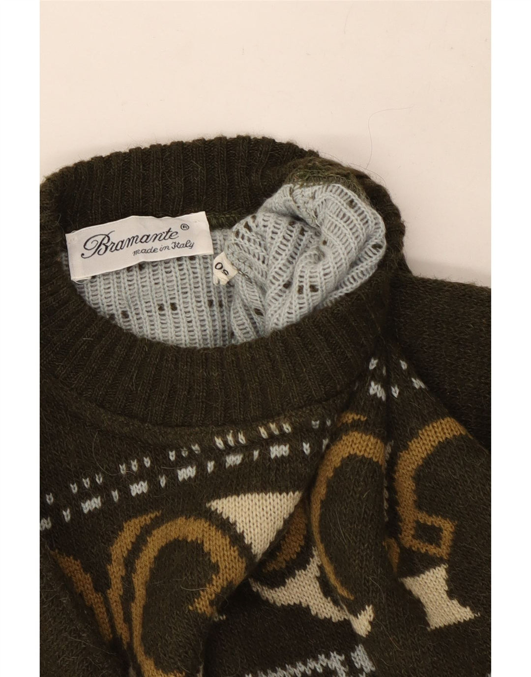 Bramante Mens Crew Neck Jumper Sweater IT 50 Medium Khaki Geometric Wool