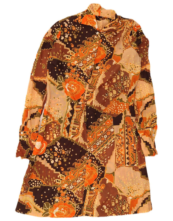 Vintage Womens Long Sleeve Shirt Dress UK 14 Medium Brown Floral Retro