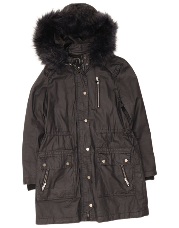 MINT VELVET Womens Hooded Parka Jacket UK 14 Large Black Cotton