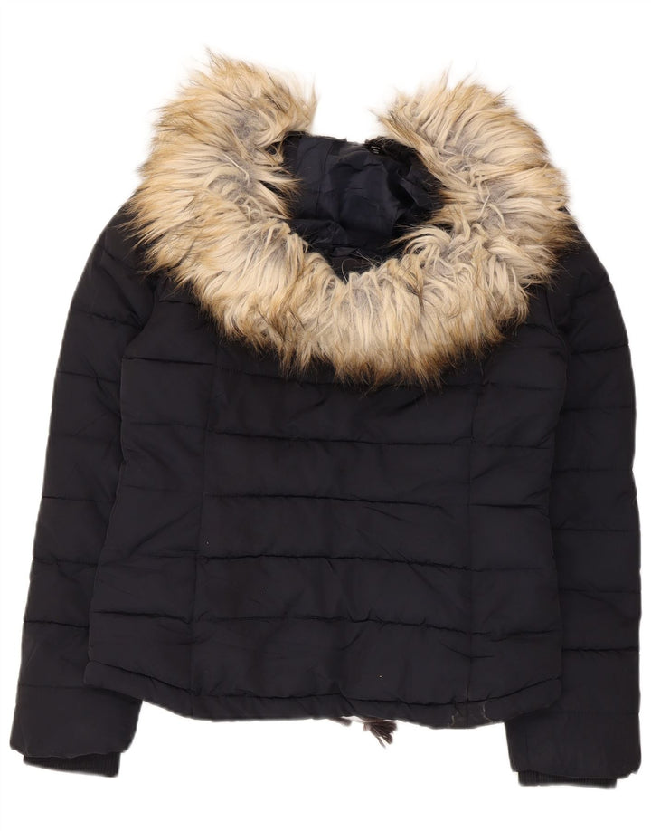 Topshop Womens Hooded Padded Jacket UK 8 Small Navy Blue Polyester