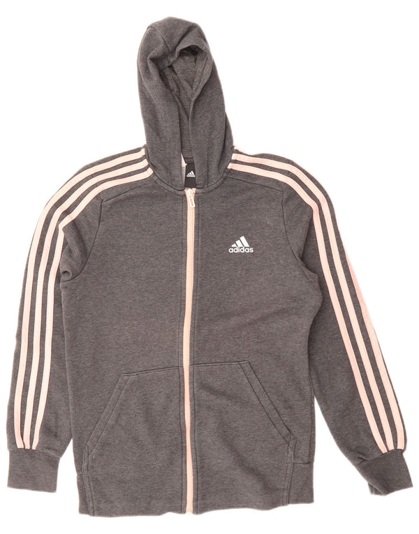 ADIDAS Girls Zip Hoodie Sweater 14-15 Years Grey Cotton
