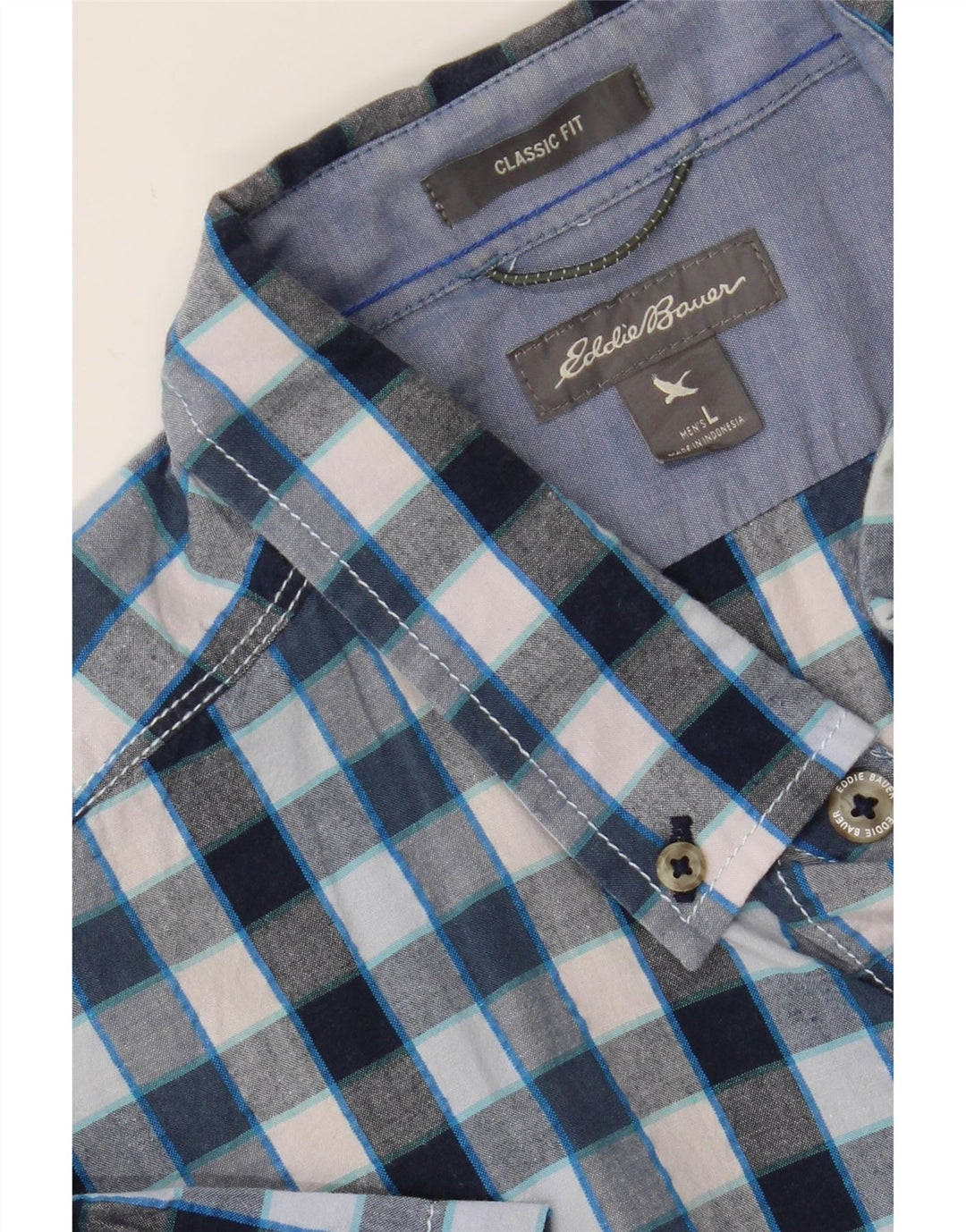 EDDIE BAUER Mens Classic Fit Short Sleeve Shirt Large Blue Check Cotton Vintage Eddie Bauer and Second-Hand Eddie Bauer from Messina Hembry 