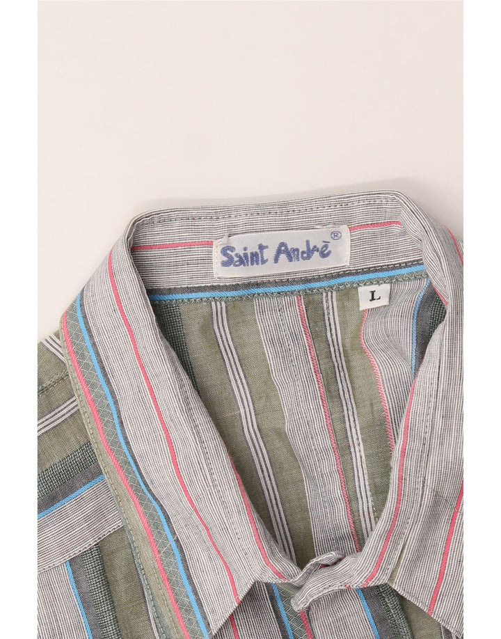 VINTAGE Mens Short Sleeve Shirt Large Grey Striped Vintage Vintage and Second-Hand Vintage from Messina Hembry 