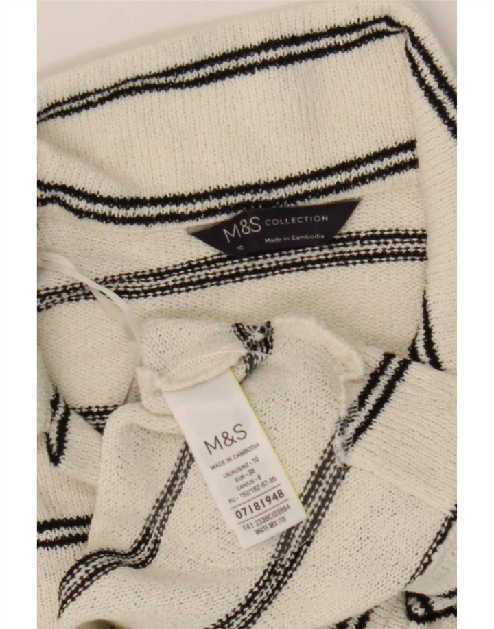 Marks & Spencer Womens Polo Shirt UK 10 Small White Striped Polyester