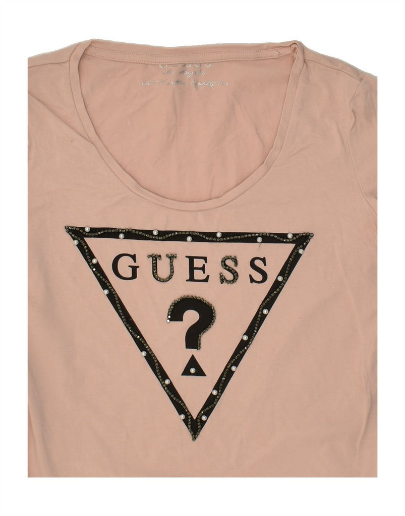 GUESS Womens Graphic T-Shirt Top UK 6 XS Beige Cotton | Vintage Guess | Thrift | Second-Hand Guess | Used Clothing | Messina Hembry 