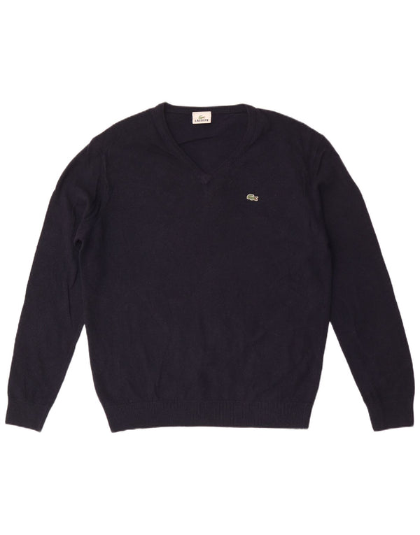Lacoste Mens V-Neck Jumper Sweater Size 5 Large Navy Blue Wool