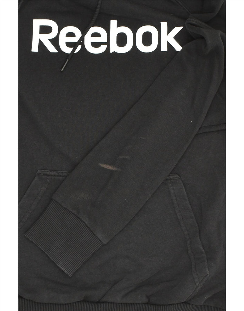 REEBOK Womens Graphic Hoodie Jumper UK 14 Medium Black Cotton | Vintage Reebok | Thrift | Second-Hand Reebok | Used Clothing | Messina Hembry 