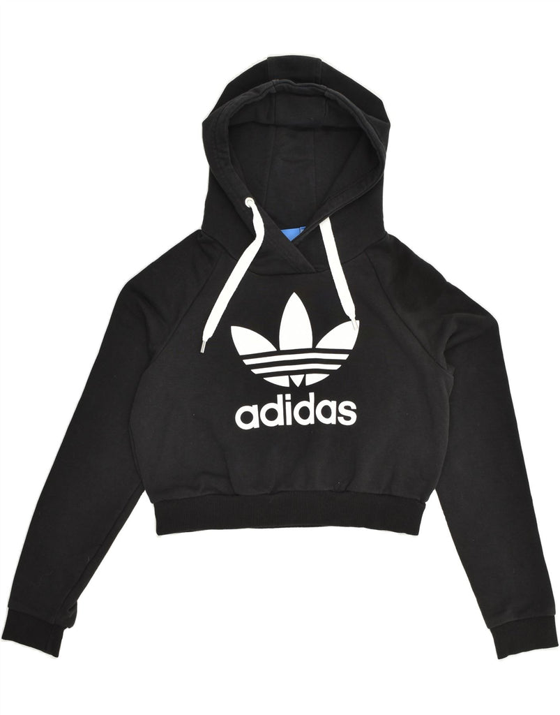 ADIDAS Womens Crop Graphic Hoodie Jumper UK 14 Medium  Black Cotton | Vintage Adidas | Thrift | Second-Hand Adidas | Used Clothing | Messina Hembry 