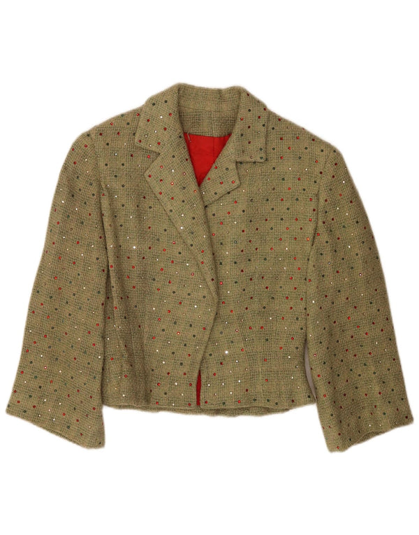 Vintage Womens Crop 3/4 Sleeve Blazer Jacket UK 12 Medium Green Spotted