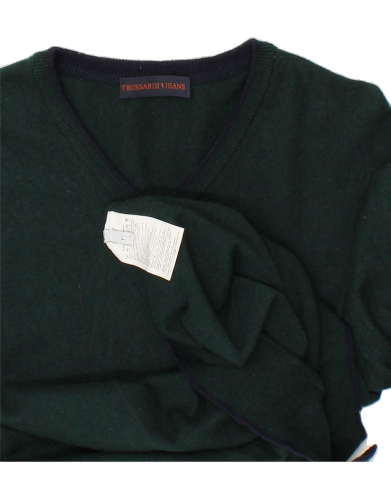 TRUSSARDI JEANS Mens V-Neck Jumper Sweater Large Green Cotton Vintage Trussardi Jeans and Second-Hand Trussardi Jeans from Messina Hembry 