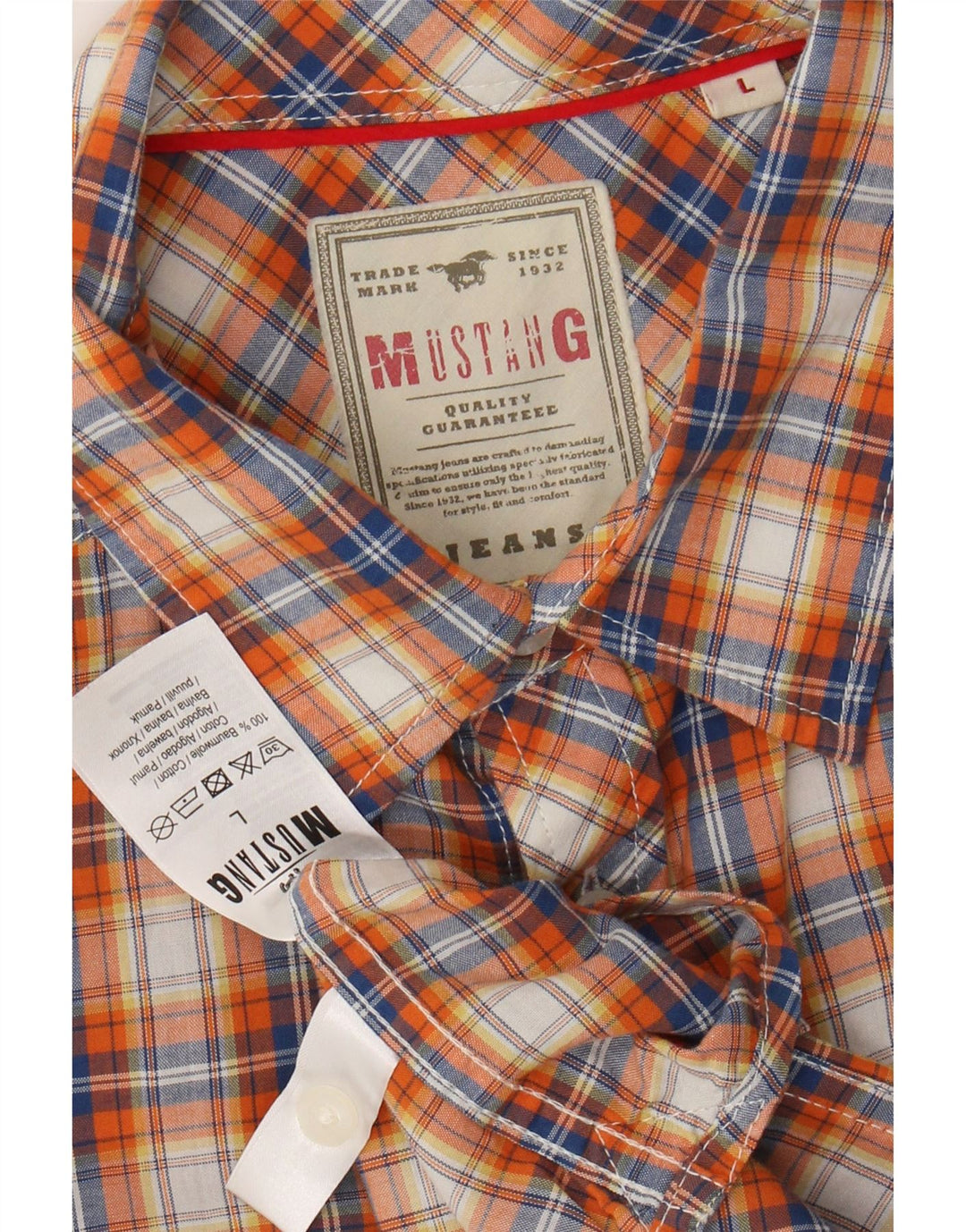 MUSTANG Mens Short Sleeve Shirt Large Orange Check Cotton