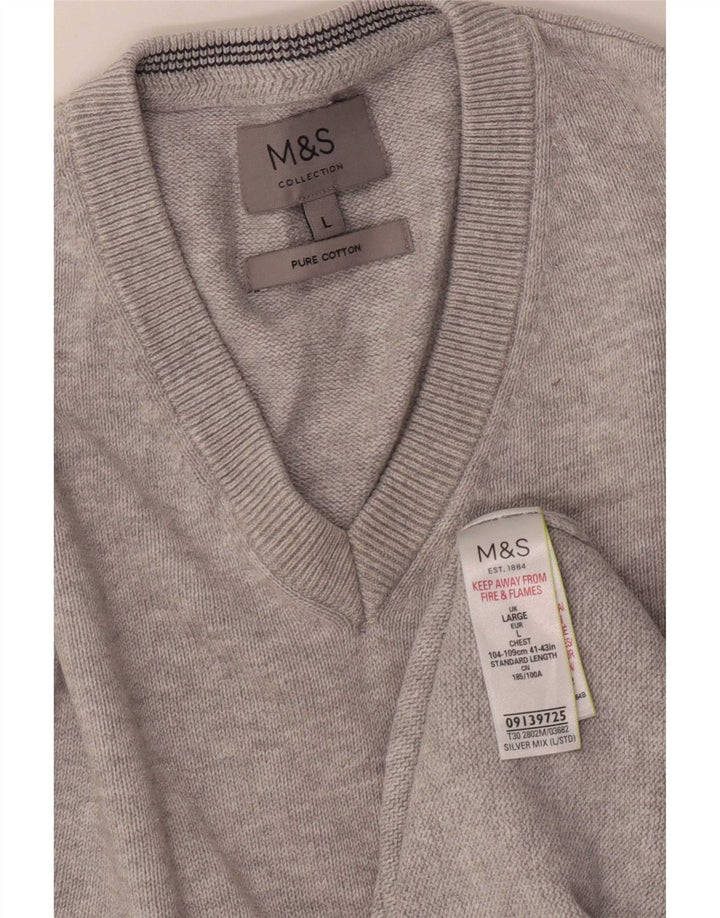 Marks & Spencer Mens V-Neck Jumper Sweater Large Grey Flecked Cotton