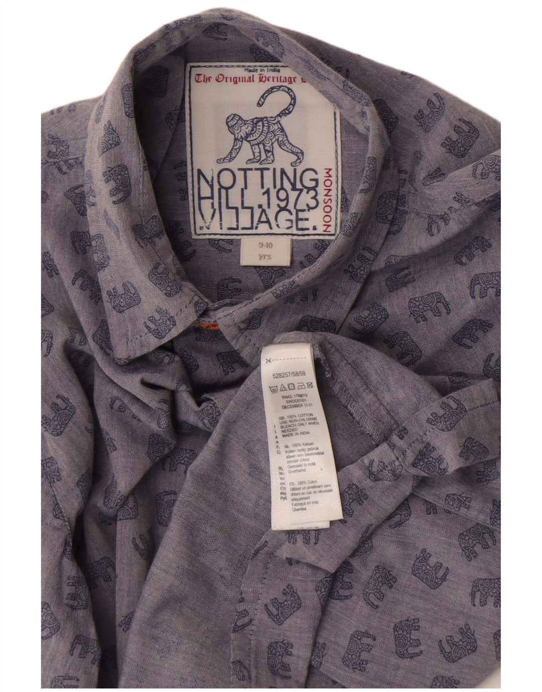 Monsoon Boys Shirt 9-10 Years Blue Animal Print Cotton