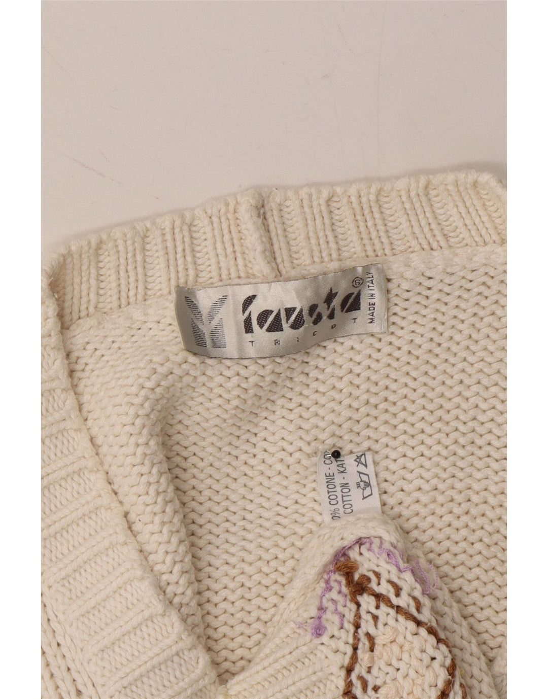 FAUSTA Womens Cardigan Sweater UK 16 Large White Fair Isle Cotton Vintage Fausta and Second-Hand Fausta from Messina Hembry 