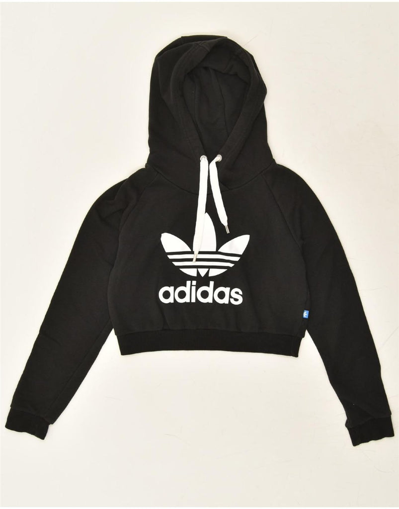 ADIDAS Womens Graphic Crop Hoodie Jumper UK 8 Small  Black Cotton | Vintage Adidas | Thrift | Second-Hand Adidas | Used Clothing | Messina Hembry 