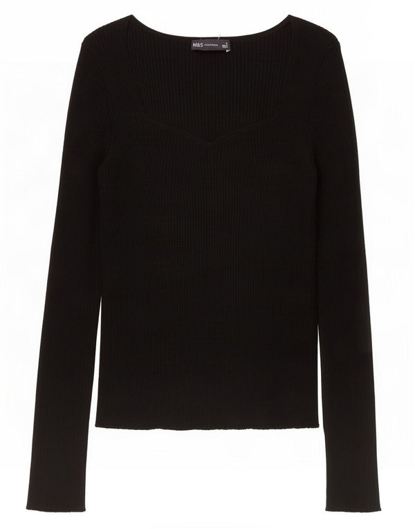 Marks & Spencer Womens Top Long Sleeve UK 8 Small Black Viscose