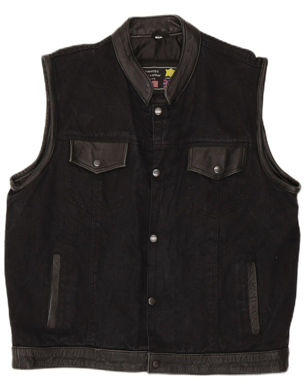 Vintage Mens Leather Utility Gilet UK 44 2XL Black Leather