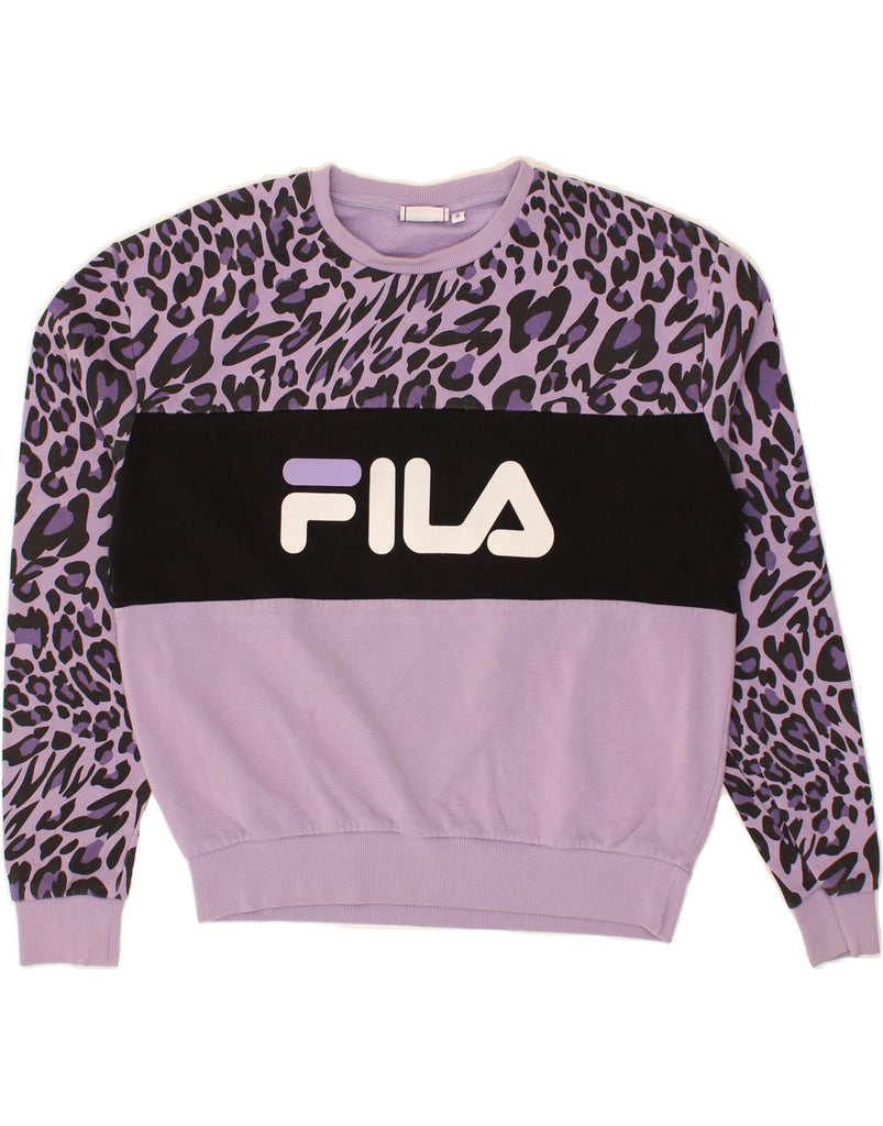 FILA Womens Graphic Sweatshirt Jumper UK 10 Small Purple Animal Print | Vintage Fila | Thrift | Second-Hand Fila | Used Clothing | Messina Hembry 