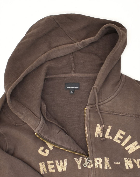 CALVIN KLEIN Womens Graphic Zip Hoodie Sweater UK 18 XL Brown