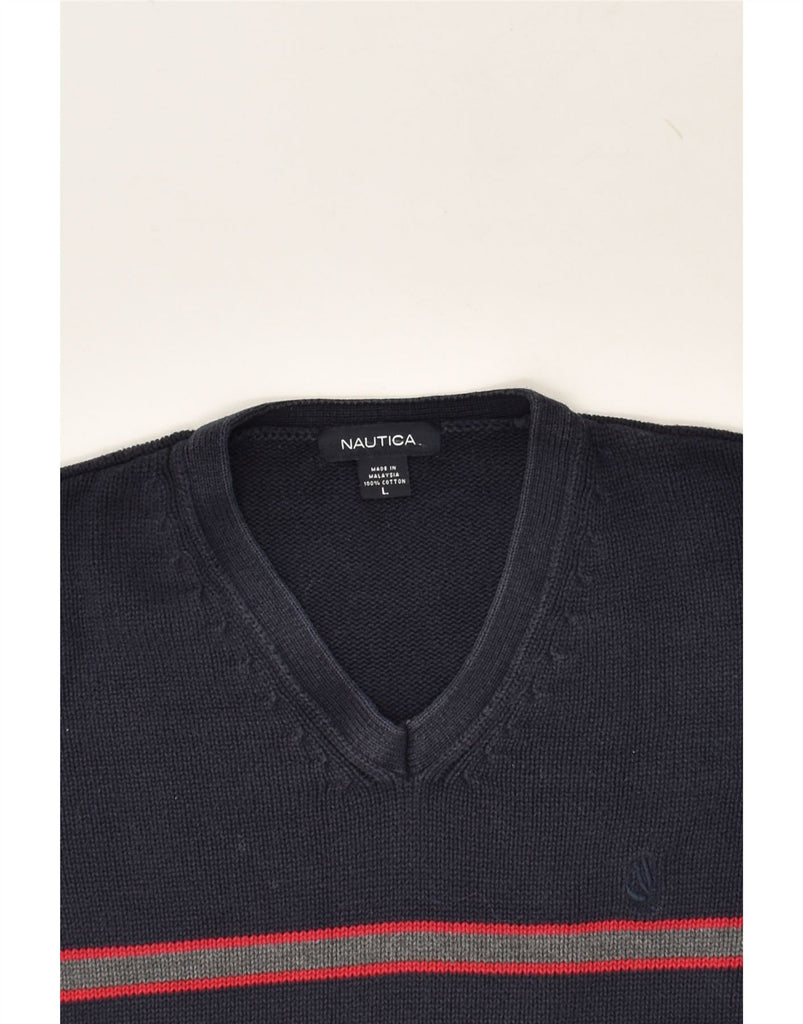 NAUTICA Mens V-Neck Jumper Sweater Large Navy Blue Striped Cotton | Vintage Nautica | Thrift | Second-Hand Nautica | Used Clothing | Messina Hembry 