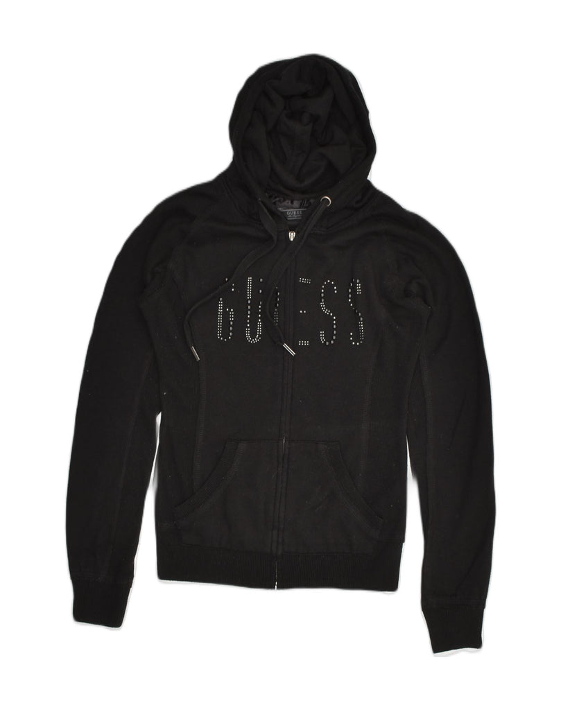 GUESS Womens Graphic Zip Hoodie Sweater UK 10 Small Black Polyester | Vintage Guess | Thrift | Second-Hand Guess | Used Clothing | Messina Hembry 