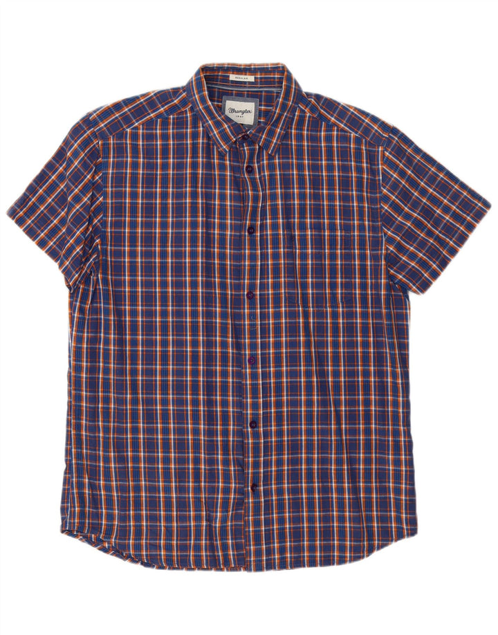 Wrangler Mens Short Sleeve Regular Fit Shirt Large Navy Blue Check Cotton
