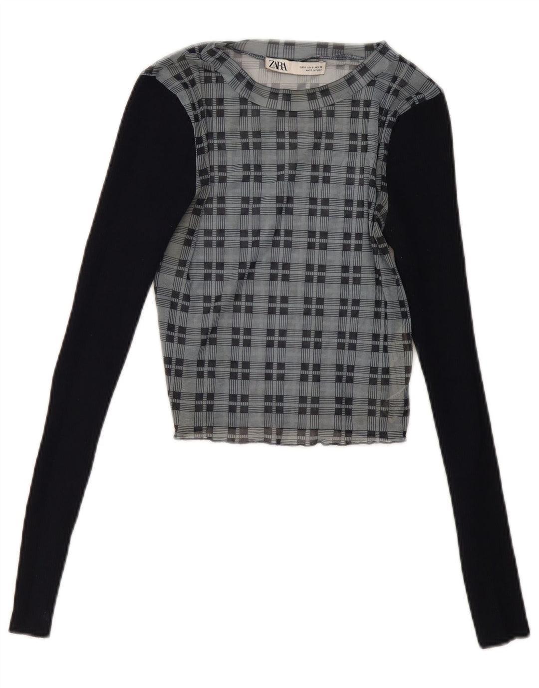 Zara Womens Crop Long Sleeve Blouse Top UK 8 Small Navy Blue Check