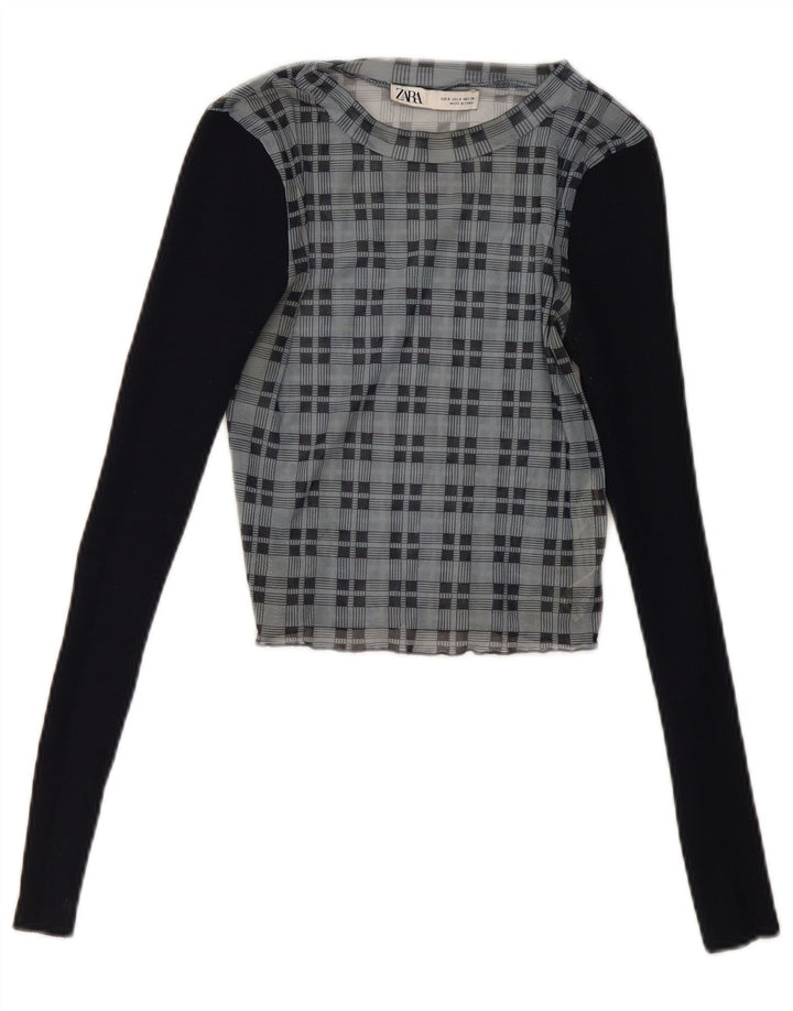 Zara Womens Crop Long Sleeve Blouse Top UK 8 Small Navy Blue Check