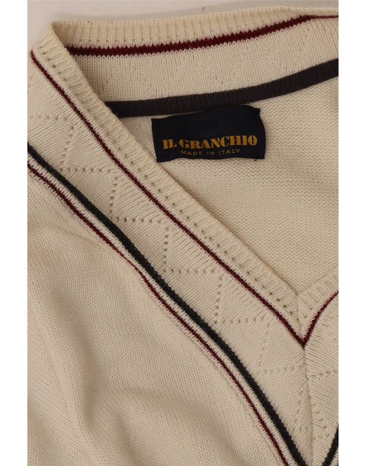 Il Granchio Mens V-Neck Jumper Sweater Large White Argyle/Diamond