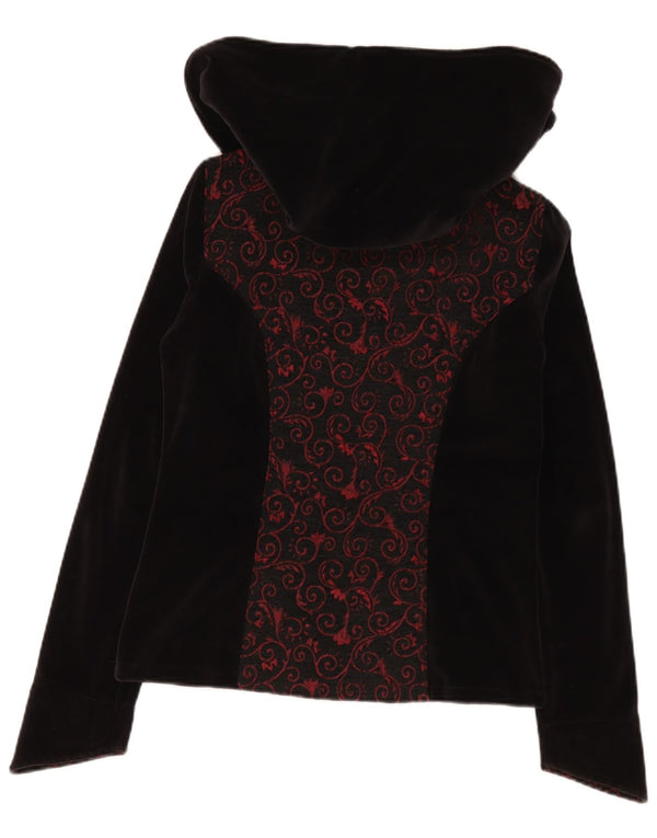 Vintage Womens Velvet Zip Hoodie Sweater UK 12 Medium Black Floral Cotton