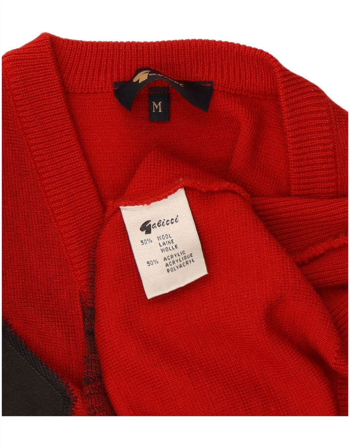 Gabicci Mens V-Neck Jumper Sweater Medium Red Geometric Wool