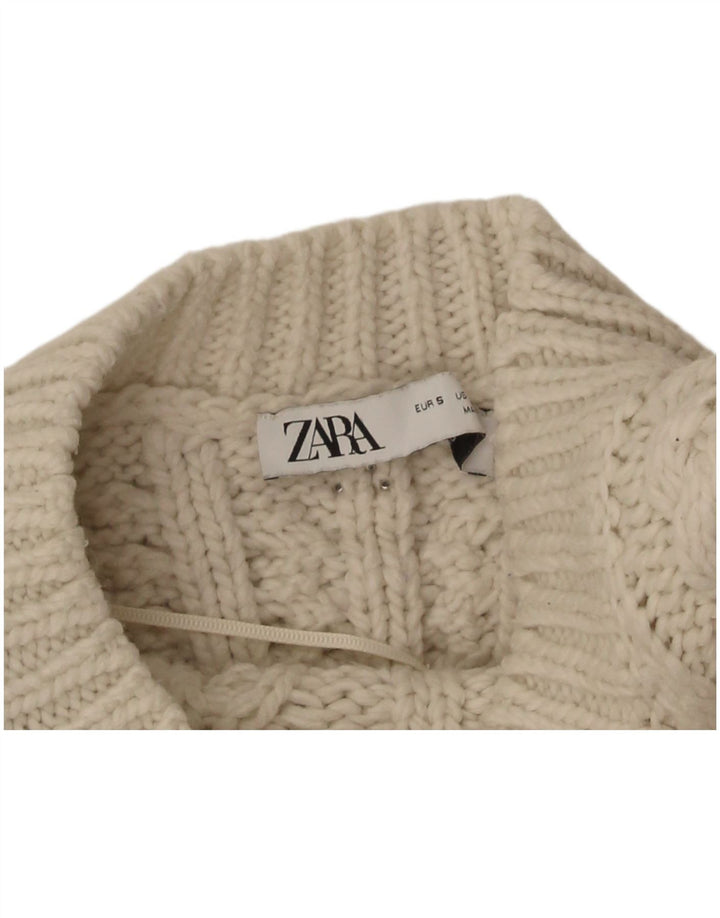 Zara Womens Crop Crew Neck Jumper Sweater UK 8 Small Off White Polyester
