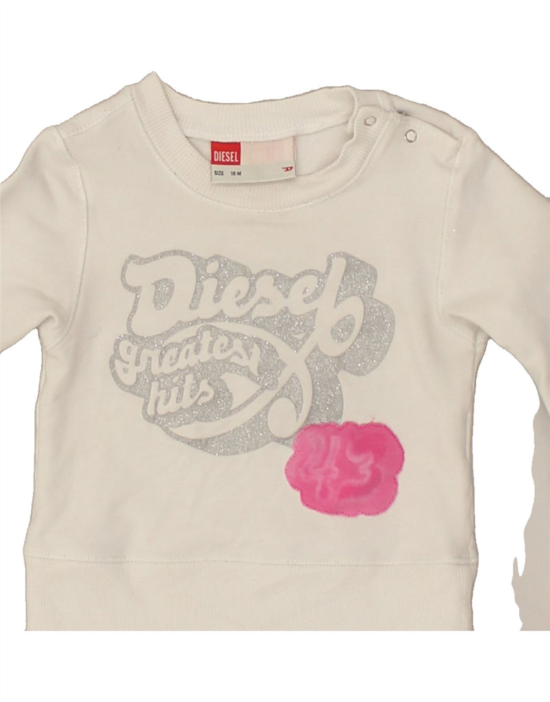 DIESEL Baby Girls Graphic Sweatshirt Jumper 12-18 Months White Cotton | Vintage Diesel | Thrift | Second-Hand Diesel | Used Clothing | Messina Hembry 