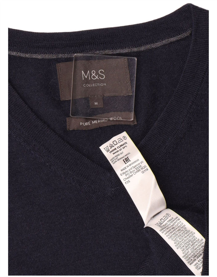 Marks & Spencer Mens V-Neck Jumper Sweater Medium Navy Blue Merino Wool