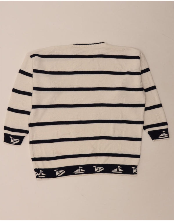 VINTAGE Mens Crew Neck Jumper Sweater Large White Striped