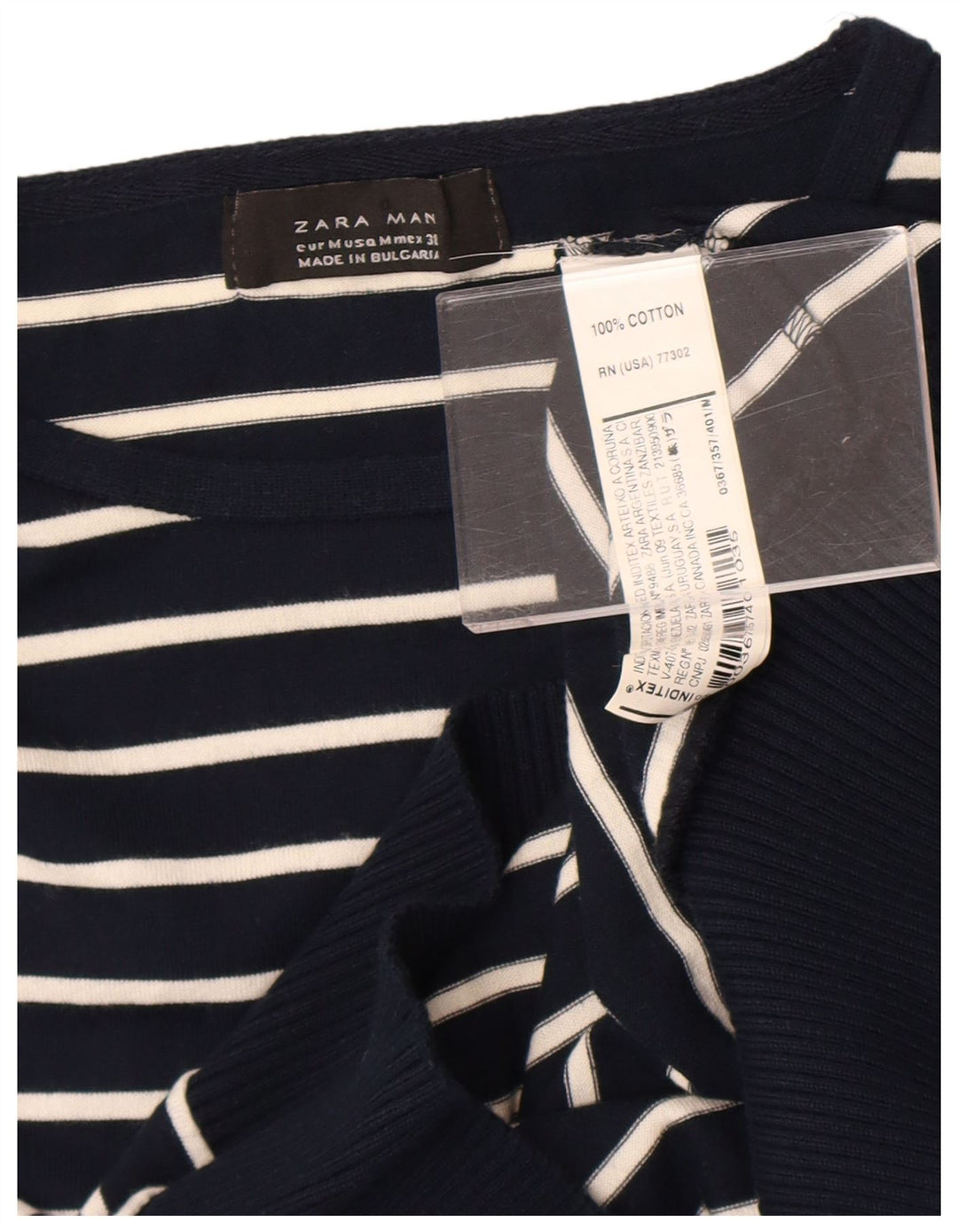 Zara Mens Crew Neck Jumper Sweater Medium Navy Blue Striped Cotton