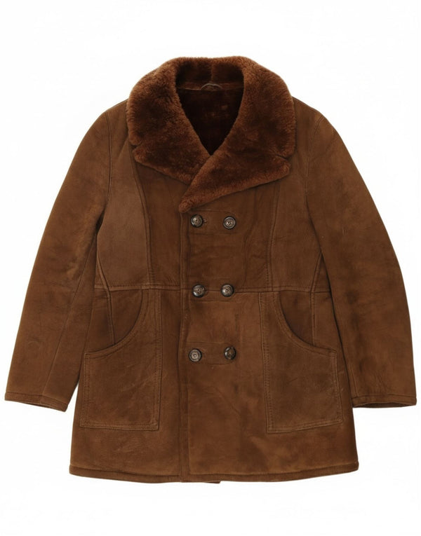 Vintage Mens Double Breasted Shearling Jacket IT 54 2XL Brown Leather