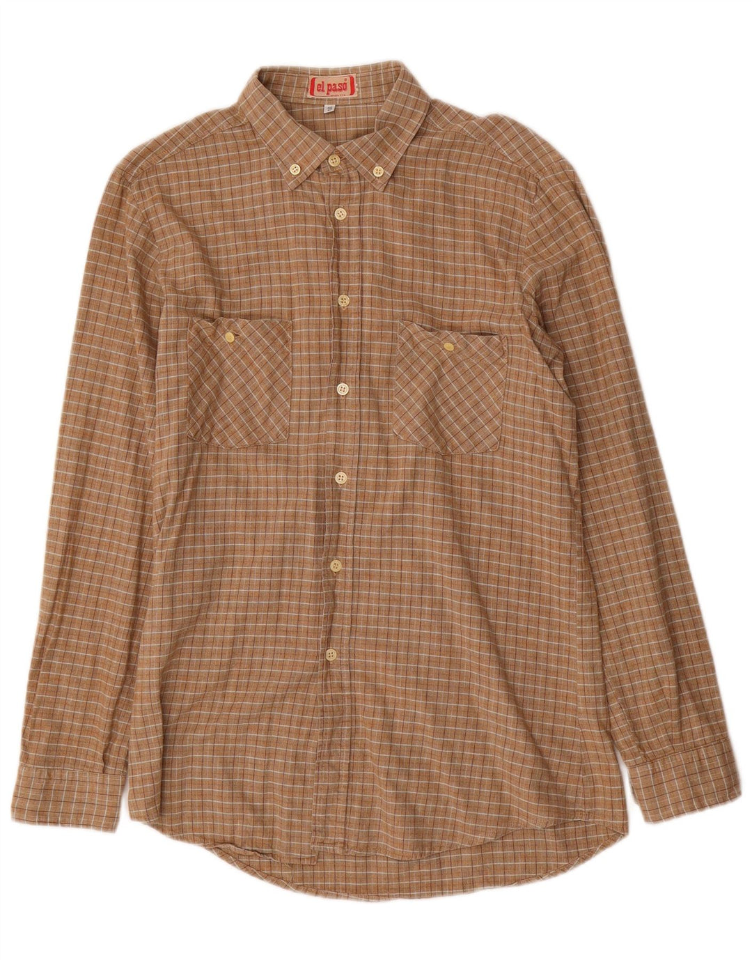 El Paso Mens Shirt Size 40/41 Medium Beige Gingham Cotton