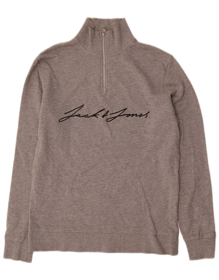 Jack & Jones Mens Graphic Zip Neck Sweatshirt Jumper Large Grey Flecked