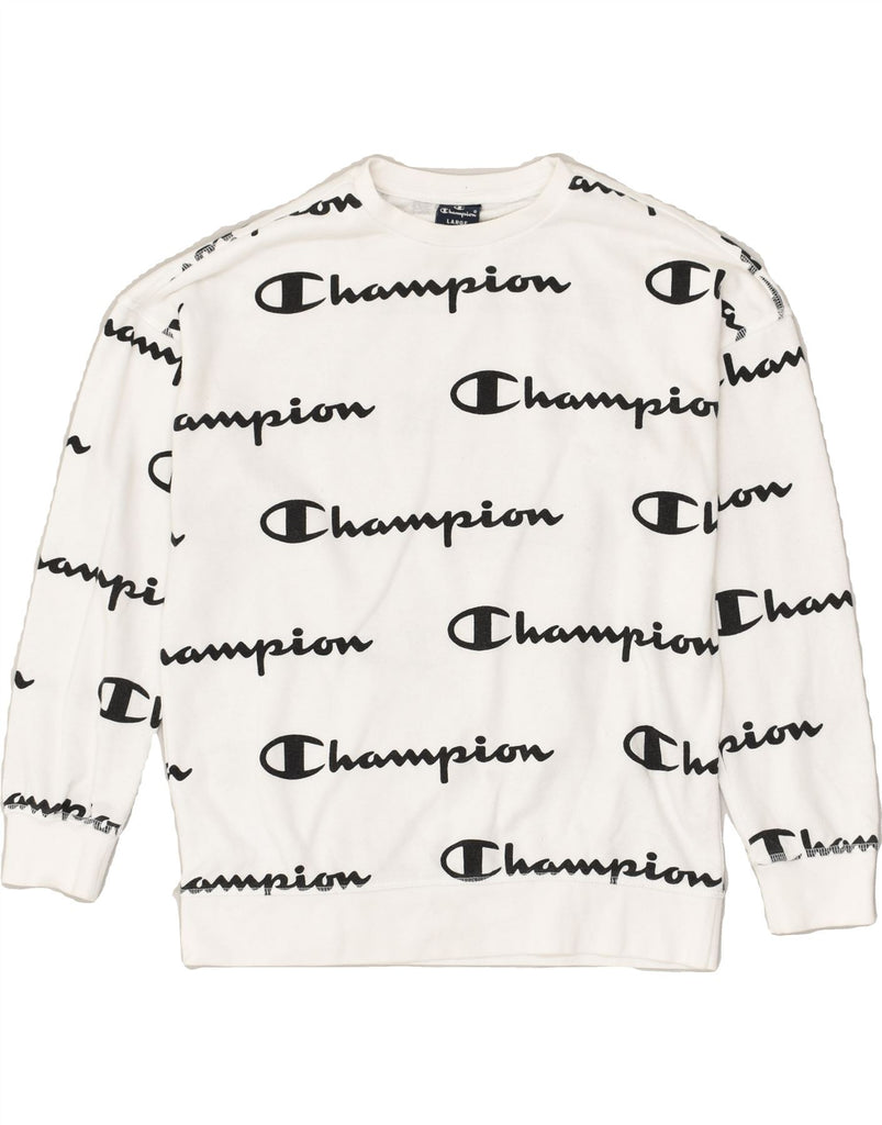 CHAMPION Boys Graphic Sweatshirt Jumper 11-12 Years Large  White Cotton | Vintage Champion | Thrift | Second-Hand Champion | Used Clothing | Messina Hembry 